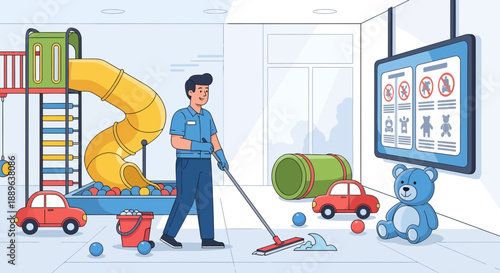 Janitor cleaning a childrens play area with a mop.