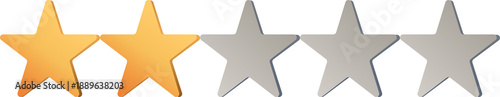 Two Golden Stars out of Five Rating Icon on White. Customer Review, Feedback, and Quality Assessment Concept.