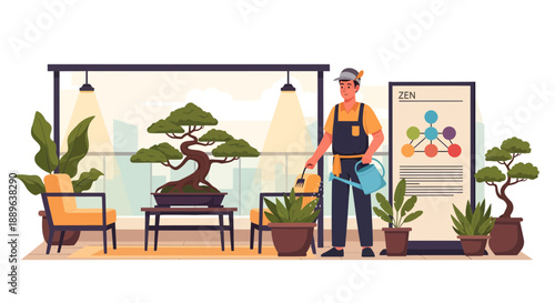 Man watering plants in a modern indoor garden with various potted plants and bonsai trees.
