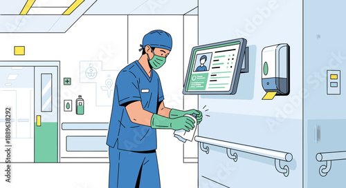 Medical professional in scrubs and mask cleaning a surface in a hospital setting.