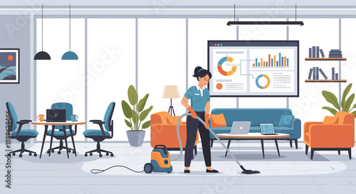 Professional cleaner vacuuming office floor.