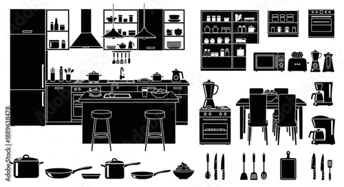 Modern Kitchen Interior Design Elements Silhouette Collection.