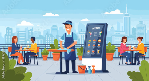 Smiling waiter cleaning table at outdoor cafe.