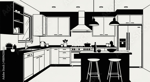 Modern Kitchen Interior Design Illustration Black And White.
