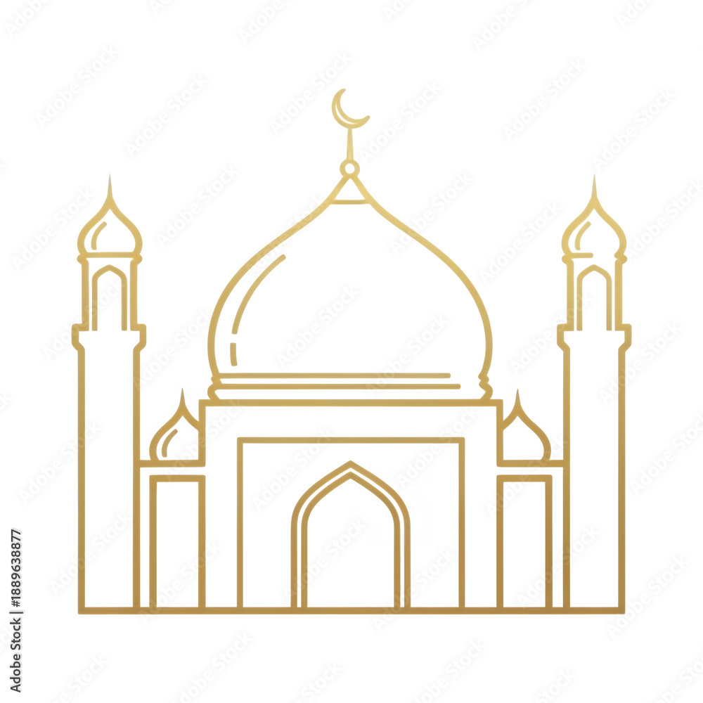 Obraz premium A gold line drawing of a mosque with a dome and minarets on transparent background