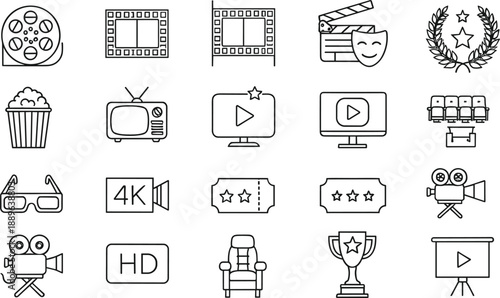 Minimal line icon set of movie, cinema and video production concepts including film reels, cameras, awards, playback, streaming and media entertainment symbols