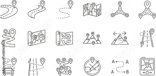 Minimal line icon set of navigation and location concepts including maps, routes, GPS, directions, waypoints, tracking and travel planning symbols