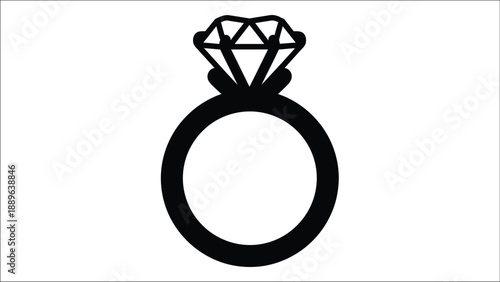 A black and white illustration of a diamond engagement ring on a white background