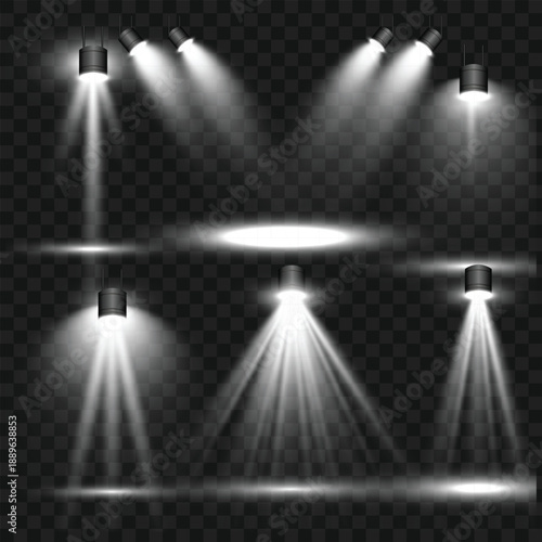 Realistic White Stage Spotlights and Light Beam Effects Set on Transparent Background. Vector