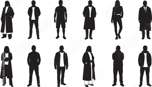 Black silhouette icons of individuals in varied postures and clothing styles, including casual, formal, and coat attire, ideal for fashion, posture, and character design.