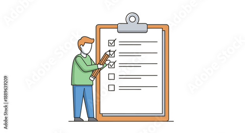 Person with large checklist and pencil marking items for completion on clipboard concept for task management and organization