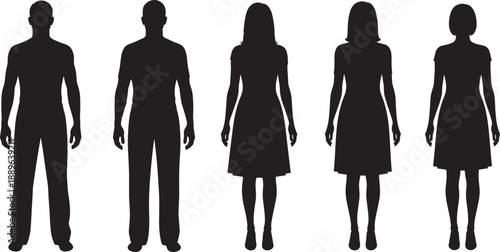 Black silhouette icons of male and female figures in upright poses, showcasing gender contrast, clothing styles, and human form for signage and design use.