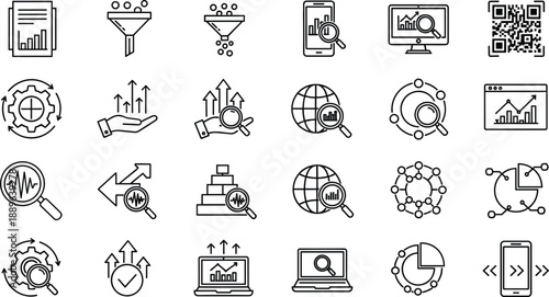 Minimal line icon set of data analytics, business marketing and digital strategy concepts including statistics, research, growth, analysis and optimization symbols