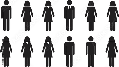 Grid of twelve black silhouette icons showing male and female figures in professional and casual attire, ideal for demographic, gender, and editorial design use