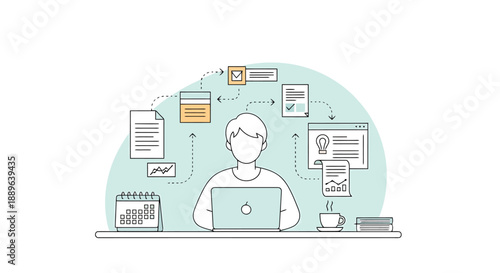 Person using a laptop surrounded by documents connected by digital lines representing workflow automation and information sharing in a modern office