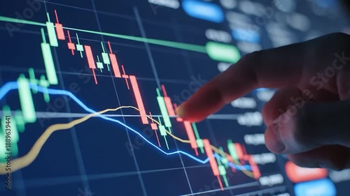 Hand pointing at financial stock market candlestick chart data display