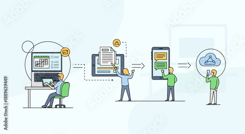 Digital Workflow Illustration Showing Data Processing From Computer To Cloud Storage With Mobile Device Integration For Business Operations And