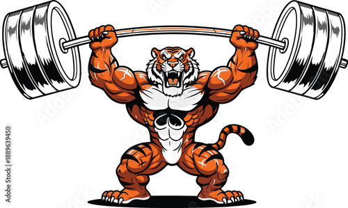 Muscular tiger lifting heavy barbell with weights on white background tiger cartoon tiger illustration