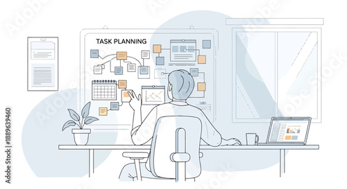 Business professional planning tasks and projects on a large board in a modern office workspace with a laptop on the desk during the day