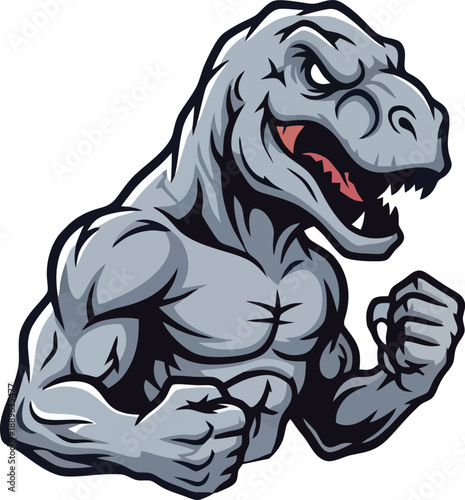 Muscular Tyrannosaurus Rex flexing arms with angry expression on white background dinosaur t-rex