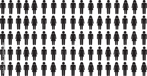 Grid of one hundred human icons showing gender distribution with alternating male and female silhouettes, ideal for demographic, infographic, and editorial design use