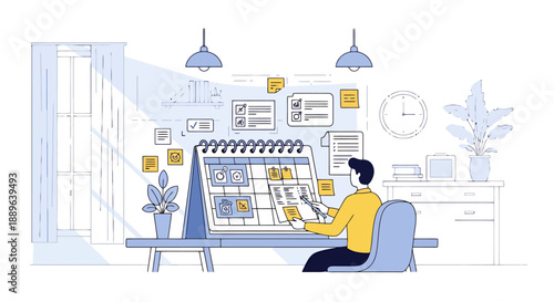 Person Planning Daily Tasks and Appointments on a Large Desk Calendar in a Bright Home Office Setting