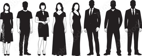 Silhouettes of eight male and female figures in formal and semi-formal attire, ideal for fashion, identity, and editorial character design illustrations