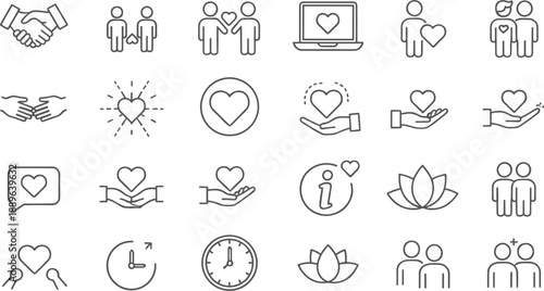 Minimal line icon set of love, care, support and relationship symbols including hearts, people, handshake, wellness, charity and community concepts
