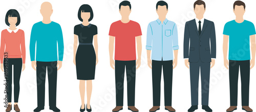 Illustrated lineup of diverse individuals in modern clothing and hairstyles for fashion reference, character design, demographic representation, and creative visual projects