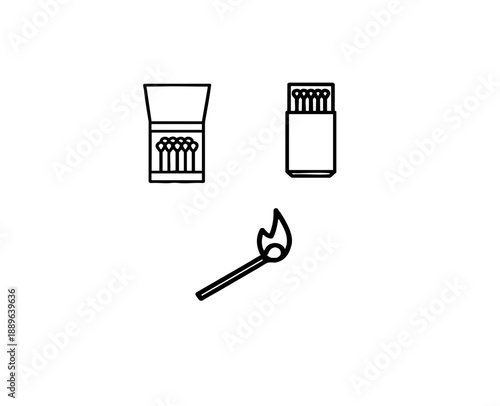 Matchstick line art icons set with burning match and matchbox container outlines in black and white