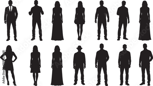 Silhouettes of fourteen diverse human figures in formal and casual attire, ideal for fashion, demographic, posture, and character design in editorial illustrations