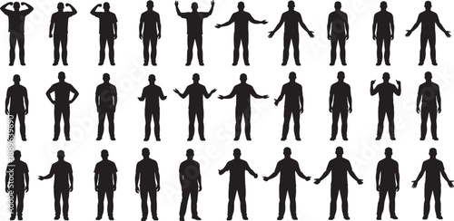 Silhouette collection of human body poses in various expressive gestures and stances for character design, animation, gesture recognition, and body language reference