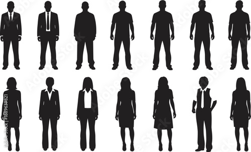 Silhouettes of male and female figures in professional and casual attire for gender representation, fashion reference, workplace diversity, and visual character design