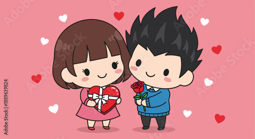 Cute cartoon couple with hearts and gift box and flower