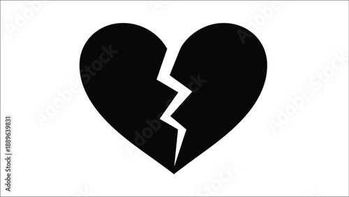 A simple black silhouette of a broken heart on a white background