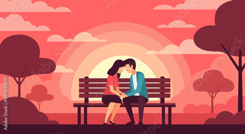 Couple Sitting on Park Bench at Sunset