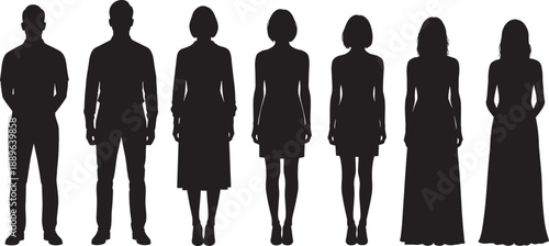 Silhouettes of diverse male and female figures standing side by side, showcasing posture, fashion, and gender representation for design, illustration, and editorial use