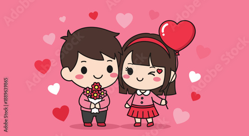 Cute Couple with Heart Balloons and Flowers on Pink Background