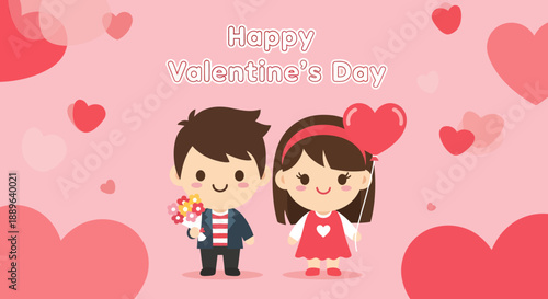 Cute cartoon boy and girl with hearts for Valentine's Day
