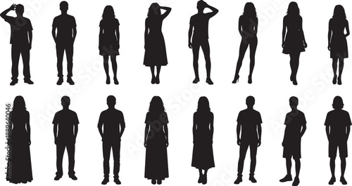 Silhouettes of sixteen diverse human figures in varied postures and clothing styles, ideal for editorial, fashion, demographic, and character design illustrations