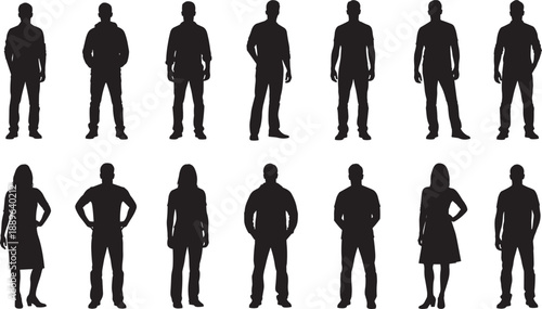 Silhouettes of twelve diverse human figures in varied standing poses, showcasing gender mix and posture styles for editorial, demographic, and character design use
