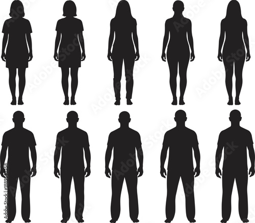 Silhouettes of male and female figures with varied body shapes and clothing styles for gender representation, fashion design, and visual identification reference