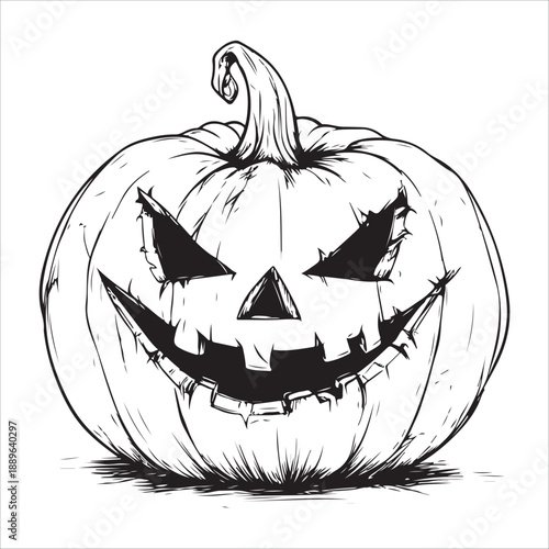 
Cartoon Halloween pumpkin with scary face outline silhouette 