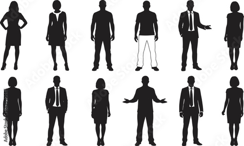 Silhouettes of twelve diverse human figures in business and casual attire, arranged in rows, ideal for editorial, demographic, and character design illustrations