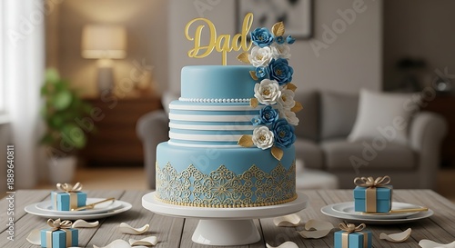 Happy father's day celebration with beautiful blue cake and family gift ideas