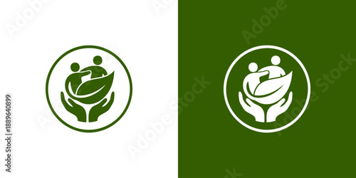 Illustration of Hands Holding People and Leaves Logos on Contrasting Backgrounds