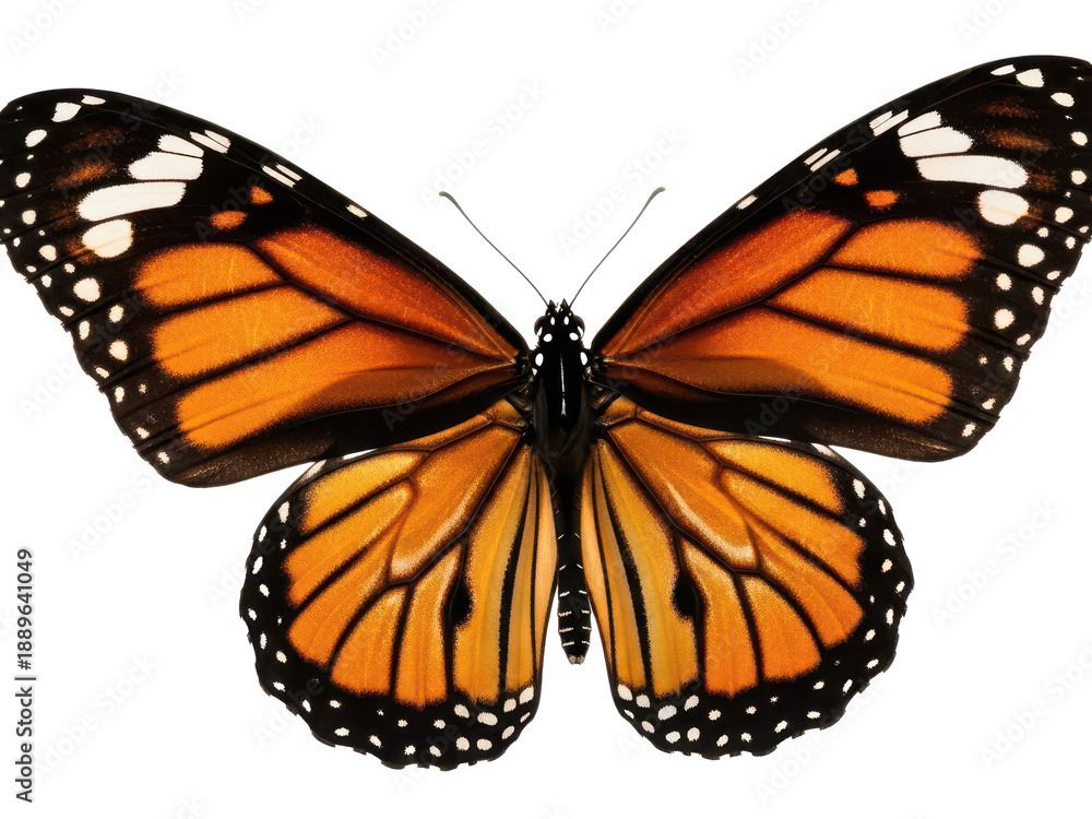 Fototapeta premium Monarch butterfly with orange and black wings isolated on white isolated on transparent background