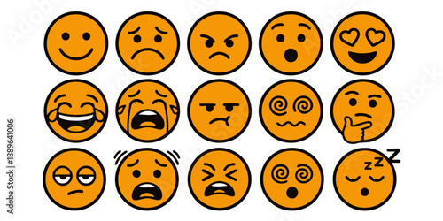 Collection of diverse cartoon faces showcasing various emotions and reactions in a grid layout on a plain background from a straightforward viewpoint