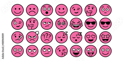 Collection of various pink emoticon faces displaying different emotions and expressions in a grid pattern