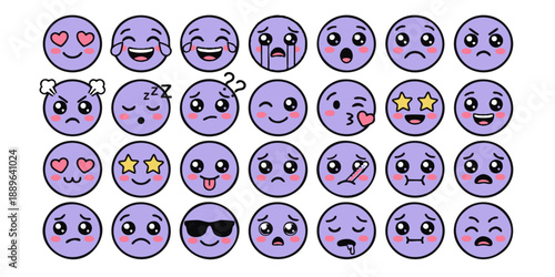 A collection of twenty purple cartoon faces with varied emotional expressions displayed in a grid layout on a white background